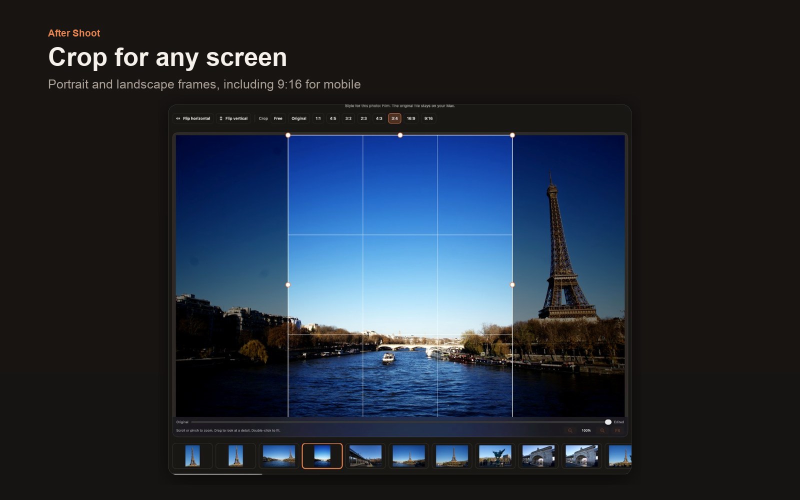 Crop tools with a 3:4 portrait frame over a Paris river photo