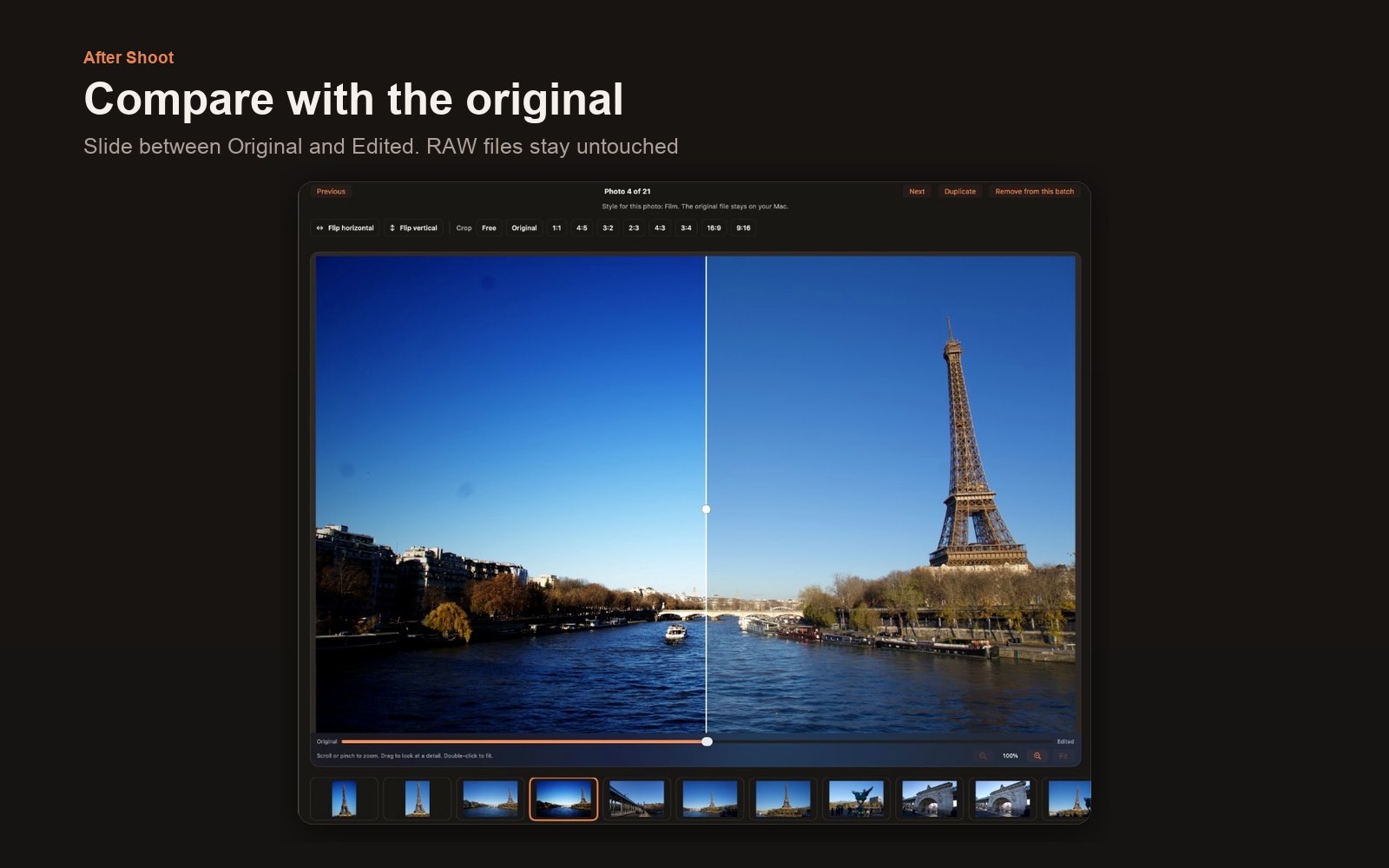 Original versus Edited comparison slider in After Shoot